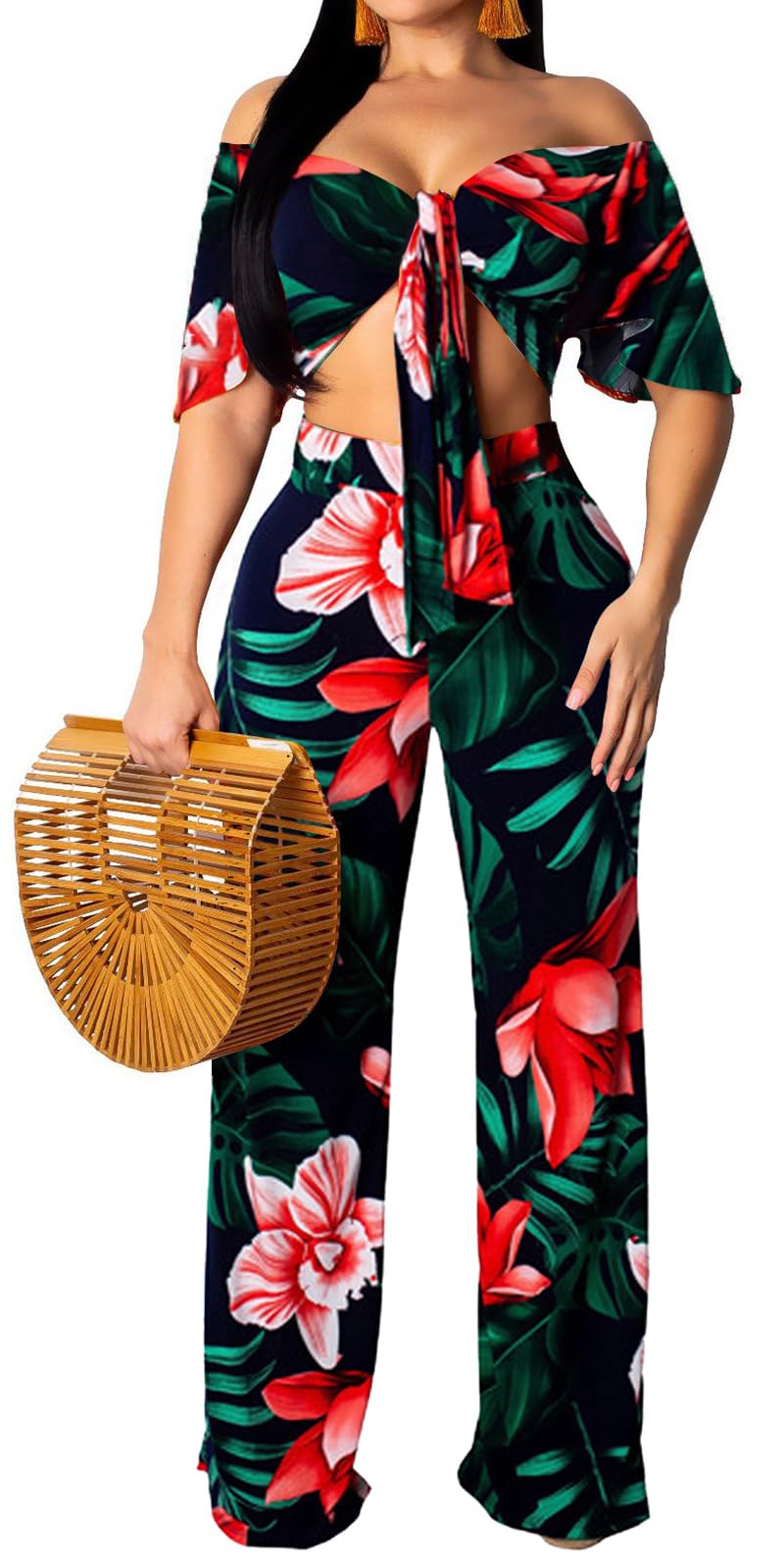 sexycherry Elegant Two Piece Beach Sets for Women Sexy Short Sleeve Top Straight Long Pants Blue Floral Vacation Swimwear Cover Ups(Large) - Image 1